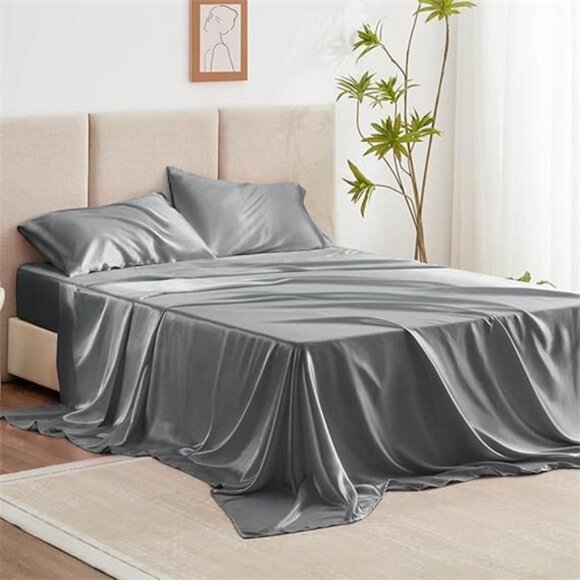 Love's cabin Satin Queen Sheets Set - 4 Piece Dark Grey Silky Satin Bed Sheets - Picture 7 of 7